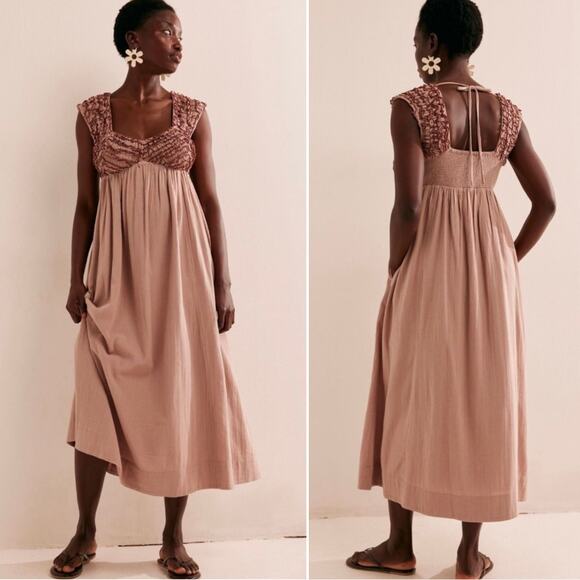 NEW Free People Babydoll Dress Feel‎ The Frill Cotton Tan Midi Dress Size S - Picture 1 of 9